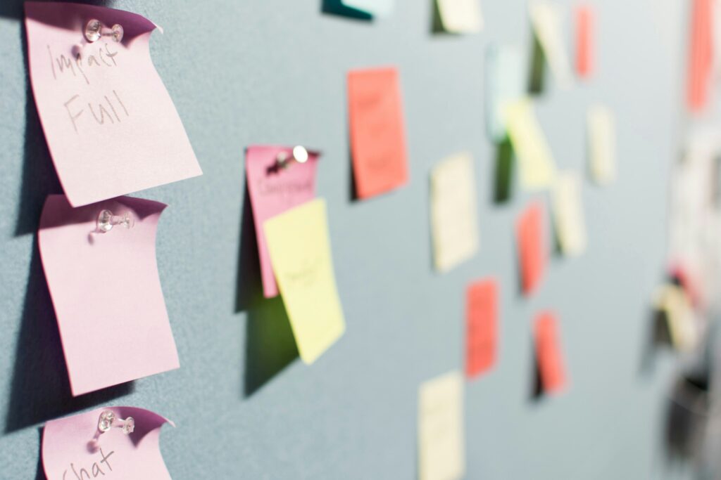 Colorful sticky notes on the wall.