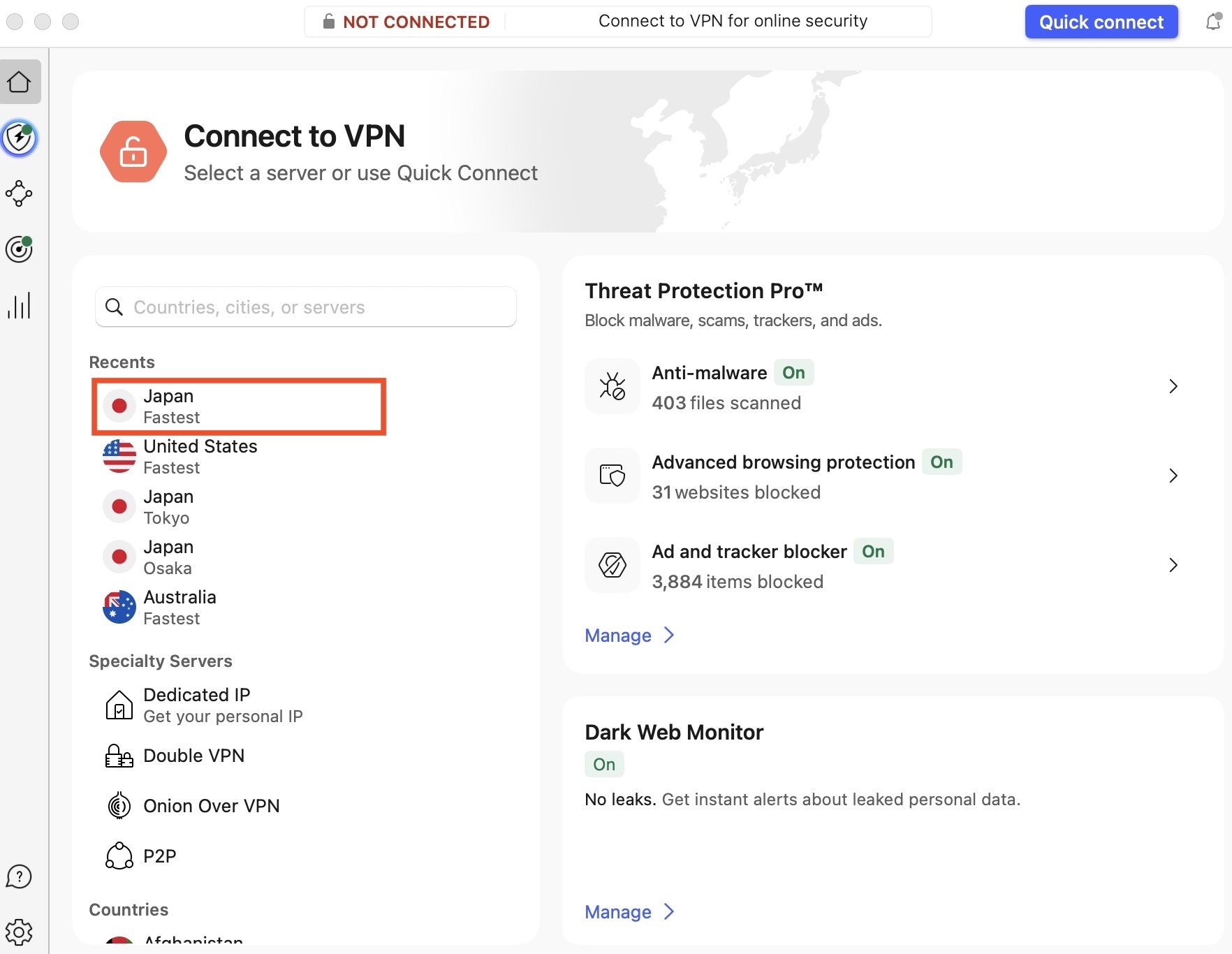 NordVPNのNOT CONNECTED画面