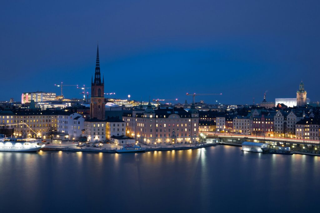 Night view of city lights in Sweden.