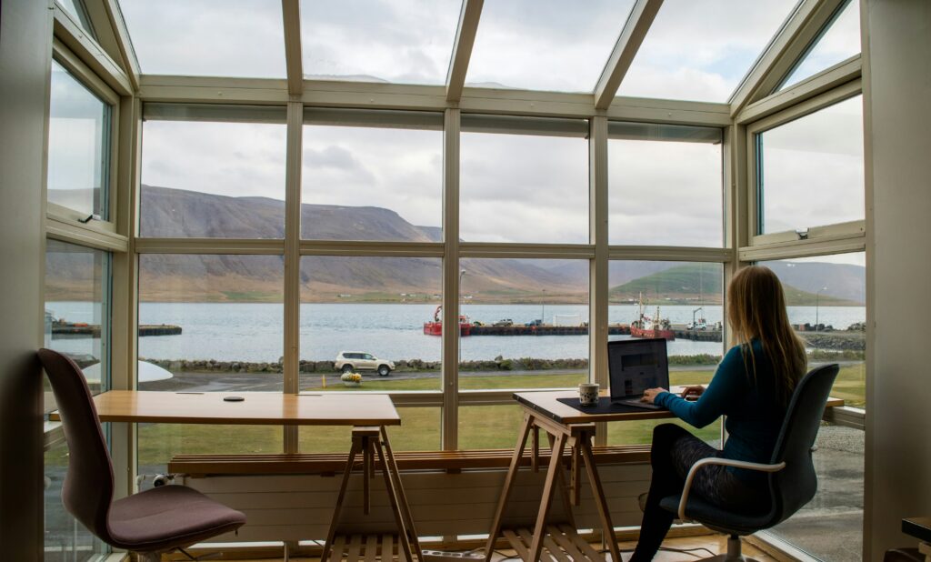 Working in a room with a nice view.