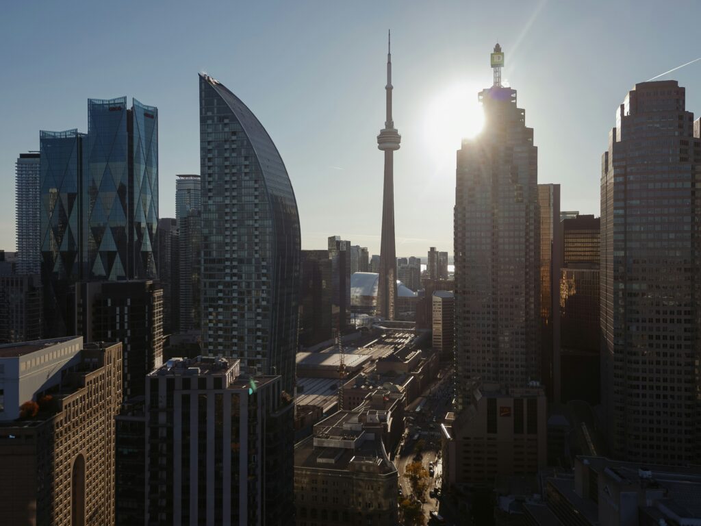 Toronto's CN tower with a sunset.
