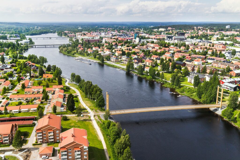 Big river with a several bridges in a view of city Sweden.