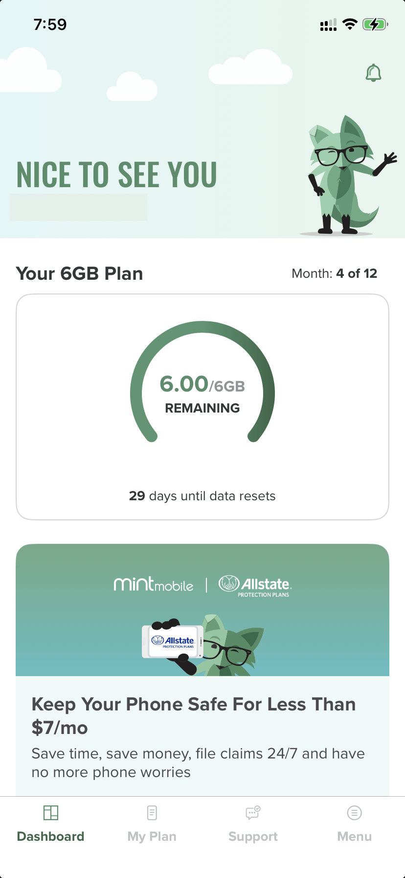 Mintのダッシュボード画面。6GBプランの利用状況