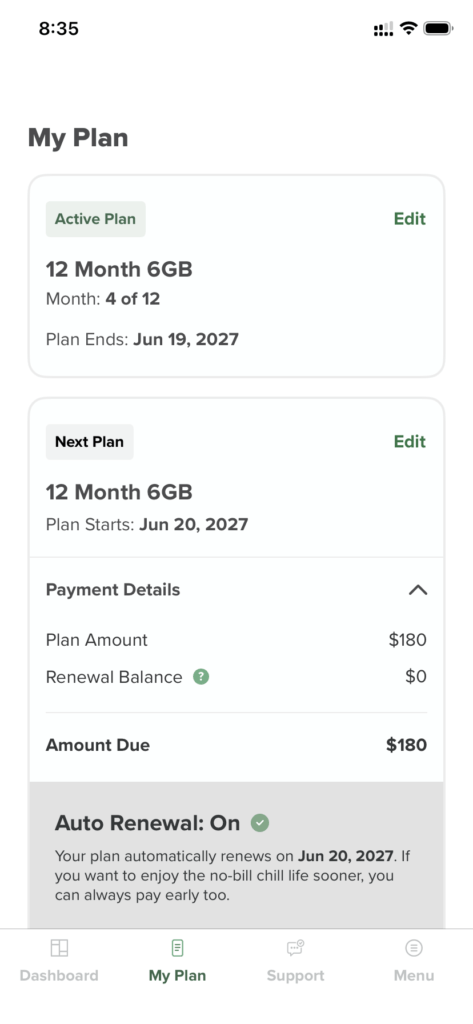 Mintのマイプラン画面。12か月6GBプラン、年180ドル、自動更新