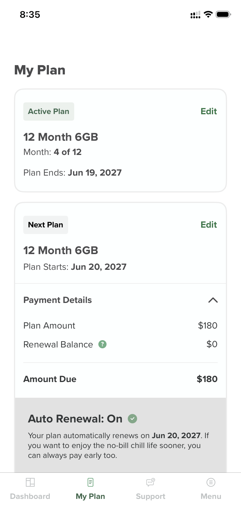 Mintのマイプラン画面。12か月6GBプラン、年180ドル、自動更新オン